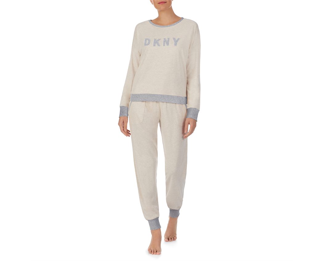 DKNY NEW SIGNATURE L/S TOP & JOGGER PJ OUTMEAL/SHELL HTR SMALL