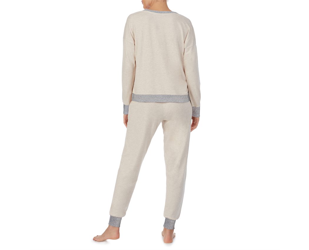 DKNY NEW SIGNATURE L/S TOP & JOGGER PJ OUTMEAL/SHELL HTR SMALL